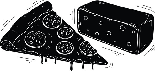 Delicious pepperoni pizza slice and cheese block graphic black and white