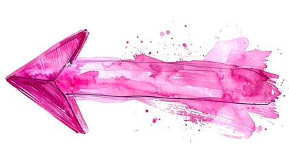 Pink watercolor arrow pointing left, with textured edges and splatter effects, isolated on a white background