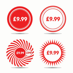 Red Discount price tag from 9.99 set. Special sale offer advertising with price-off label template. Save money with clearance purchase shop product price sticker. 