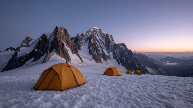 Orange tents are set up on a snowy mountain slope during twilight with majestic peaks in the background