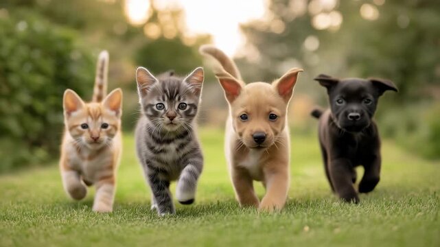 Adorable playful kittens and puppies running together on lush green grass in soft golden hour 4k video