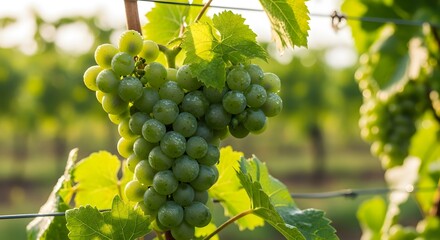 Close up of fresh green grapes hanging on vine in vineyard on a sunny day exactly 100 character