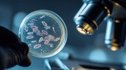 Scientist examines petri dish with robotic arm in laboratory