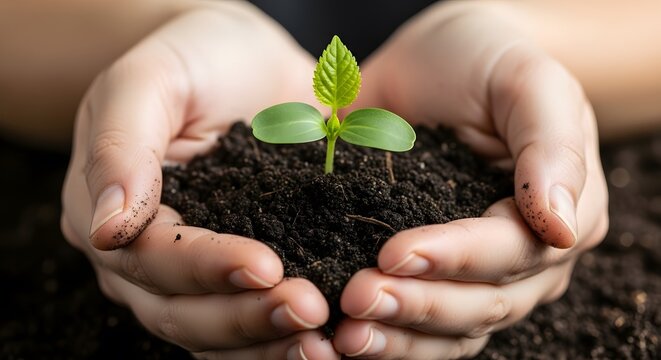 Close up of human hands holding small green plant sapling with soil symbol of new life nurture