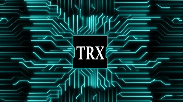 Futuristic trx logo on a circuit board background, showcasing a modern and technological aesthetic with glowing blue lines and a sleek design, perfect for branding and digital use