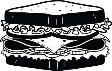 Delicious Sandwich Illustration with Fresh Ingredients and Bold Black Lines