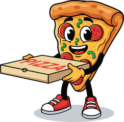 Cartoon pizza slice character holding pizza box delivery, funny fast food mascot illustration with cheese, pepperoni, and happy face