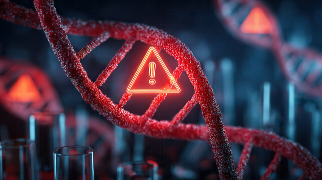 Warning symbol on red dna helix in scientific laboratory - Powered by Adobe