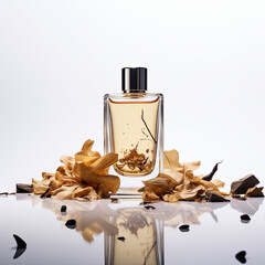 Elegant perfume bottle and dried yellow flowers on a reflective surface.