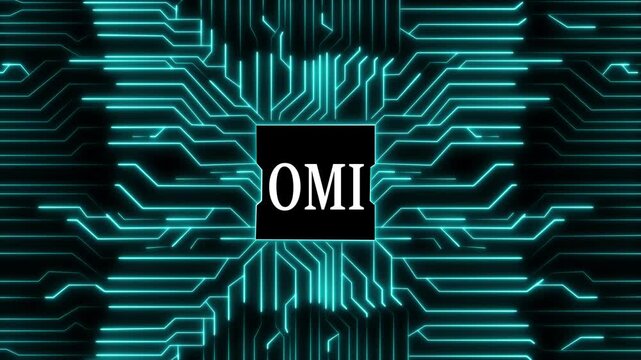 Modern omi logo on a circuit board background, featuring glowing blue lines and a sleek design, perfect for technology branding and digital applications in the tech industry
