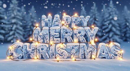 Happy merry holidays text covered snow and christmas lights in forest