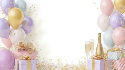 Celebration Party Scene with Colorful Balloons, Golden Confetti, Gift Boxes, Champagne Bottle and Glasses, Ideal for Birthday, Anniversary, New Year Festive Decor, Wallpaper, Poster and Graphic Design