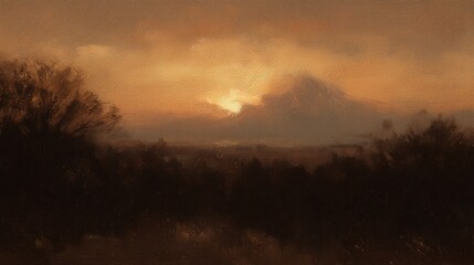 Fototapeta premium Traditional oil painting of mountain landscape with golden sunset sky, thick brushstrokes, warm glowing tones and rustic forest foreground