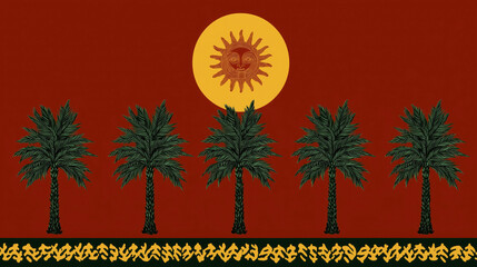 South American Inspired Illustration with Inca Style Sun, Palm Trees, and Ethnic Patterns on Red Background, Ideal for Wallpaper, Poster, Cultural Art, and Decorative Design Elements