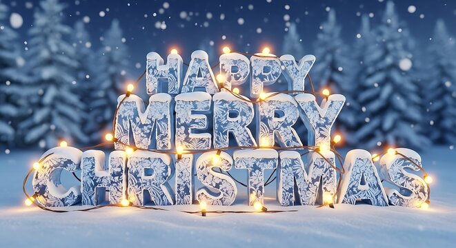 Happy merry holidays text covered snow and christmas lights in forest