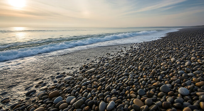A scenic view of a rocky beach with waves gently lapping at the shore under a soft sunlit sky horizon