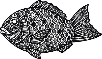 Detailed line art illustration of a black and white ornamental fish