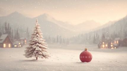  Christmas Winter Landscape with Snow-Covered Tree, Red Ornament, Snowfall, Mountain and Lit Houses, Perfect for Holiday Decor, Wallpaper, Poster, Greeting Card and Seasonal Design Elements