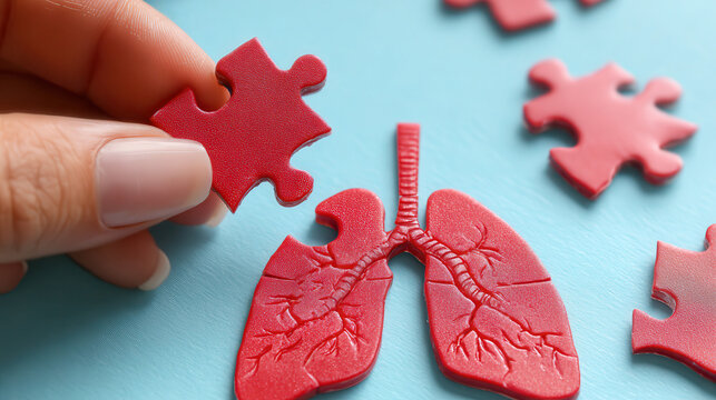Hand placing a puzzle piece onto a red lung anatomy model