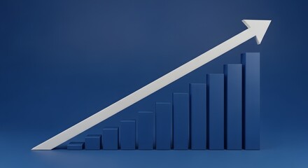Blue 3d bar sales chart with white up arrow representing business growth and financial success on a blue background