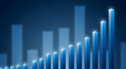 Blue 3d bar sales chart with white up arrow representing business growth and financial success on a blue background