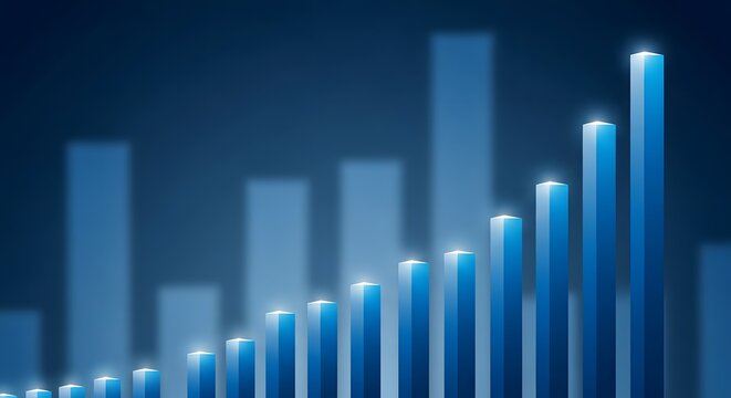 Blue 3d bar sales chart with white up arrow representing business growth and financial success on a blue background - Powered by Adobe