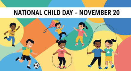 National Child Day Celebration Diverse Children Playing Together Joyfully.