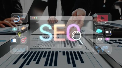 A diverse team collaborates on SEO strategy in a modern office, using a digital interface to analyze performance metrics and track growth opportunities effectively. Raster - Powered by Adobe