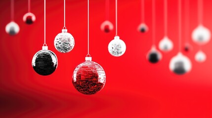 Christmas Holiday Background with Hanging Ornaments in Red, Black and White, Ideal for Wallpaper, Poster, Greeting Card and Festive Design Elements