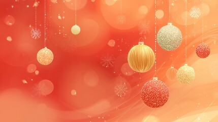 Christmas Holiday Background with Glittering Ornaments, Bokeh Lights and Snowflakes on Red Gradient, Ideal for Wallpaper, Poster, Greeting Card and Festive Design Elements