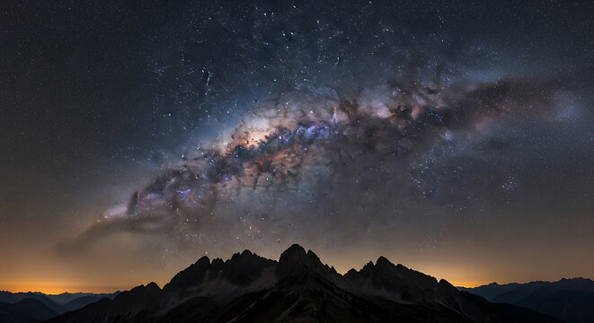 A view of the milky way galaxy over a mountain range with a dark sky full of stars at night time