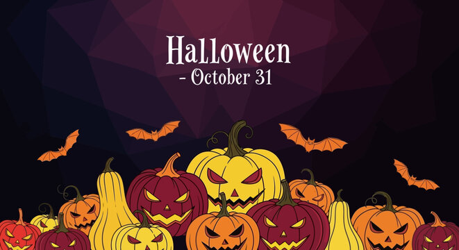 Halloween October 31st Celebration with Spooky Pumpkins and Bats. - Powered by Adobe