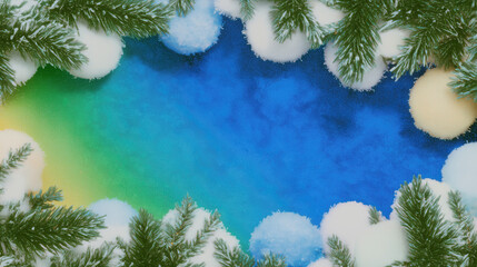 Christmas Winter Background with Snowy Pine Branches, Gradient Blue Green Yellow Design, Ideal for Wallpaper, Poster, Greeting Card and Festive Decor Elements