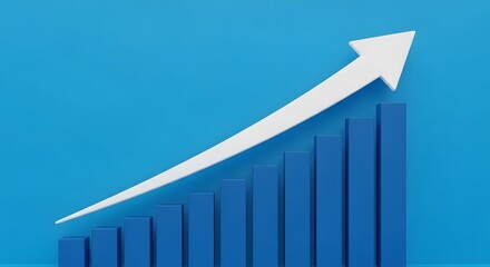 Blue 3d bar sales chart with white up arrow representing business growth and financial success on a blue background