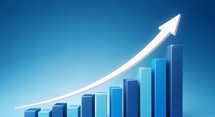 Blue 3d bar sales chart with white up arrow representing business growth and financial success on a blue background