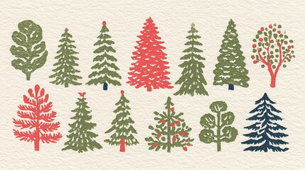 Christmas Tree Illustration Collection with Festive Evergreen Trees, Decorative Plants in Vintage Print Style, Ideal for Holiday Decor, Wallpaper, Poster, Greeting Card and Graphic Design Elements