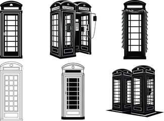 London Phone Box Silhouette Clipart Vector Illustration. Classic British Telephone Booth, Red Telephone Booth, British Phone Box, Vintage England Landmark, Traditional UK Telephone Booth.