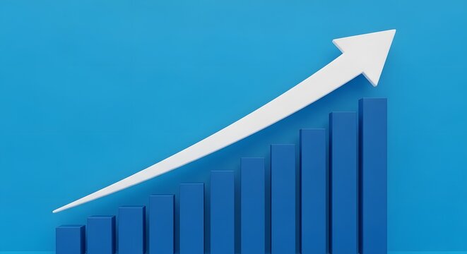 Blue 3d bar sales chart with white up arrow representing business growth and financial success on a blue background