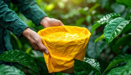 Person holds vibrant yellow liquid-filled cloth bag amid glossy green leaves, dappled with sunlight in an outdoor setting