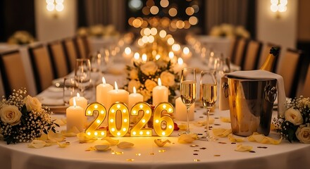 Elegant New Years Eve Table Setting with 2021 Decorations and Champagne.