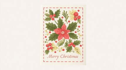 Christmas Greeting Card Illustration with Poinsettia, Holly Berries, Festive Plants in Vintage Print Style, Featuring "Merry Christmas" Text, Ideal for Holiday Decor, Wallpaper, Poster and Graphic 