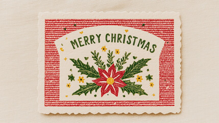 Vintage Christmas Greeting Card Illustration with "Merry Christmas" Text, Poinsettia, Holly Leaves and Festive Plants, Ideal for Wallpaper, Poster, Card and Festive Design Elements