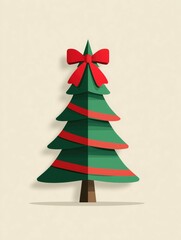  Christmas Minimalist Tree Illustration with Red Bow and Ribbons on Beige Background, Ideal for Wallpaper, Poster, Greeting Card and Modern Festive Design Elements