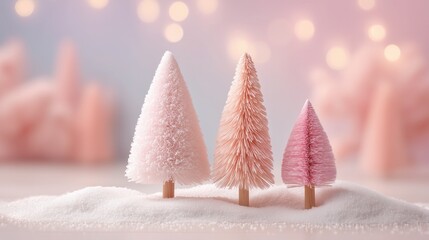 Christmas Pink Trees Illustration with Snow and Bokeh Lights on Pastel Background, Ideal for Wallpaper, Poster, Greeting Card and Modern Festive Design Elements