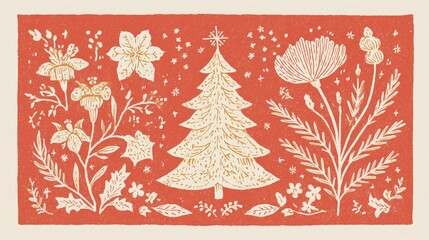  Christmas Vintage Print Style Tree Illustration with Festive Plants and Snowflakes on Red Background, Ideal for Wallpaper, Poster, Greeting Card and Design Elements