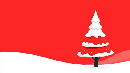 Christmas Cartoon Tree Illustration with Snow on Red Background, Ideal for Wallpaper, Poster, Greeting Card and Festive Decor Elements