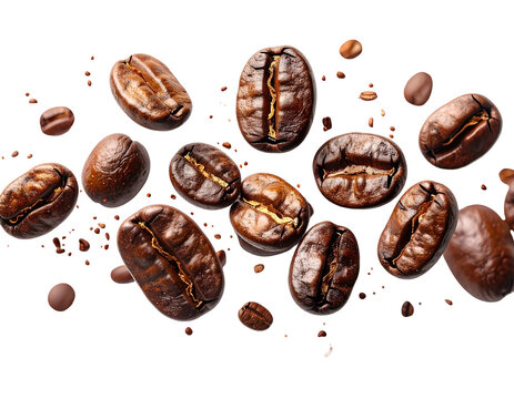 Rich, roasted coffee beans scatter across a dark background
