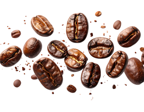 Rich, roasted coffee beans scatter across a dark background