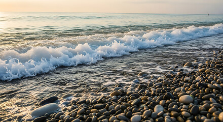 A view of a pebble beach with waves crashing on the shore under a bright sky during the day time scene