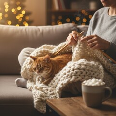 Obraz premium A girl knits with a cat and drinks cocoa